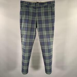 MR TURK Size 34 Green Navy Plaid Cotton Zip Fly Casual Pants